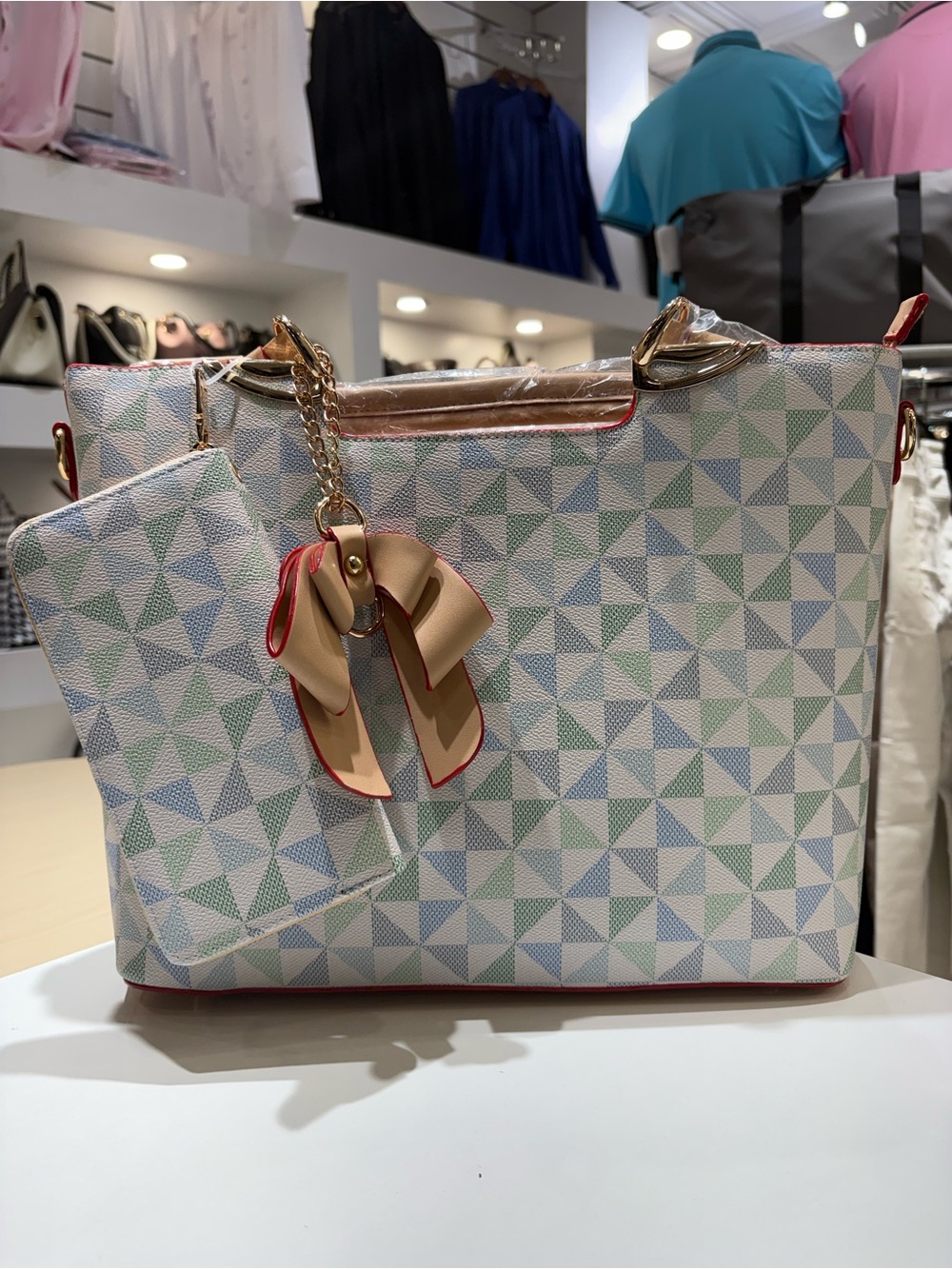 Geometric Pattern Tote Bag in Light Blue & Green with Tan Bow Charm